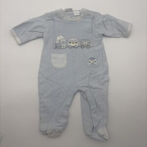 Vintage Honors Baby Coverall Boys 0-3 Months Blue Herringbone Train One‎ Piece